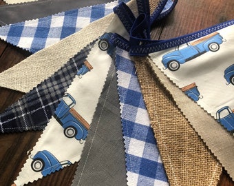 Little Blue Truck Fabric Pennant Banner, Vintage Nursery Decor