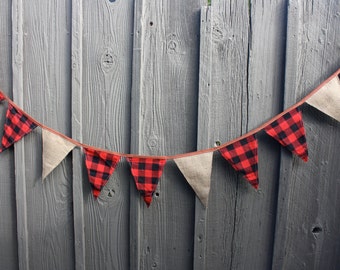 Lumberjack Burlap Buffalo Plaid Pennant Banner, Rustic Party Decor
