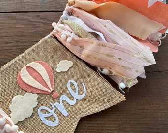 Pastel Hot Air Balloon 1st Birthday Banner, Rag Tie Fabric Bunting