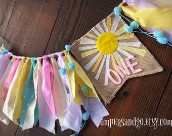 Sunshine First Birthday Banner: Burlap, Pastel Rag Garland
