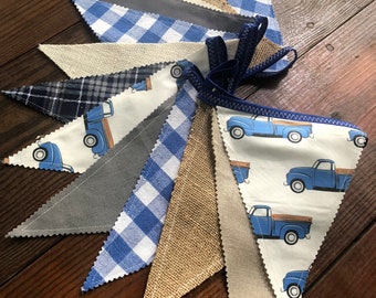Blue Truck Pennant Banner, Vintage Fabric Bunting, 8 ft