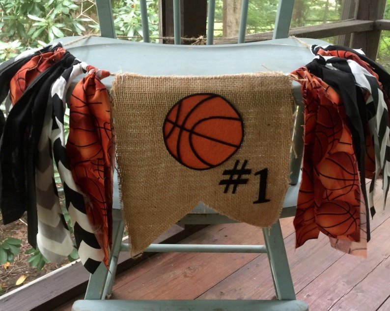 Basketball Birthday Banner, Basketball Highchair Bunting basketball Cake Smash Photo Prop Rag Tie Garland basketball Party CUSTOM COLORS image 3