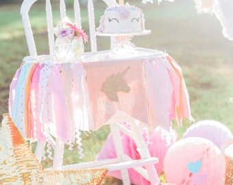 Rainbow Unicorn First Birthday Banner Unicorn Highchair Fabric Bunting Rag Tie Garland Pastel Gold Unicorn Cake Smash Photo Prop Backdrop