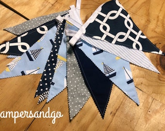 Nautical Fabric Bunting Nautical Nursery Pennant Flag Baby Shower Birthday Party Decor Cake Smash Photo Backdrop Prop Navy Ships Sand Sea