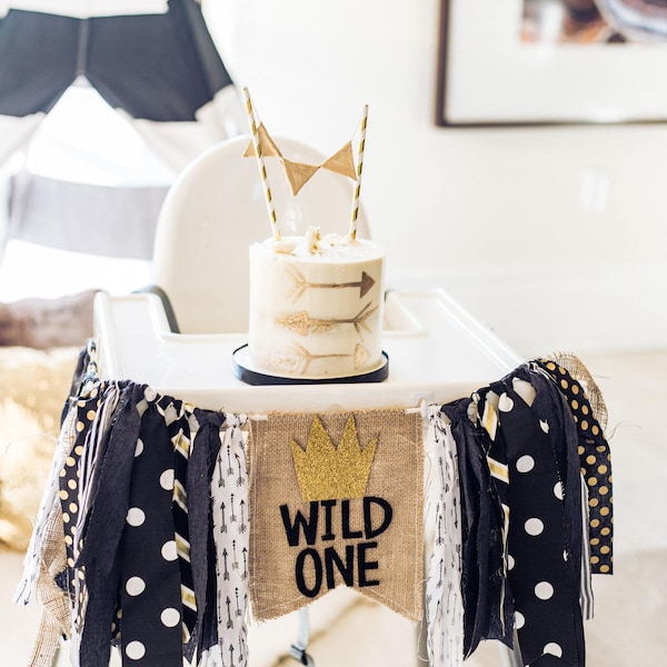 Wild One Highchair Banner: Gold Glitter Crown, First Birthday Decor