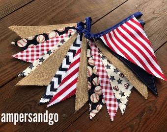 VINTAGE Baseball Banner Baseball Fabric Bunting Flags Pennants Garland 4th of July Party Decoration Summer Photo Prop Red White & Blue Decor