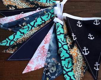 Nautical Banner Navy Coral Teal Fabric Bunting Rope Anchor Pennants Party Home Decor Birthday Photo Backdrop Prop Nautical Beach Salt Sea