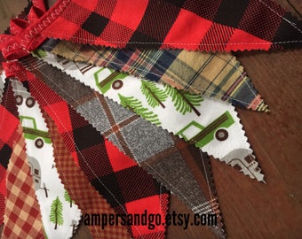 Camper Party Banner, Camp Lumberjack Party Pennant Flags Camp Fabric Bunting Buffalo Plaid, Cake Smash Photo Prop Red Hunter Black