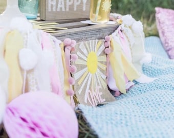 Sunshine First Birthday Banner, Pink & Yellow Rag Garland