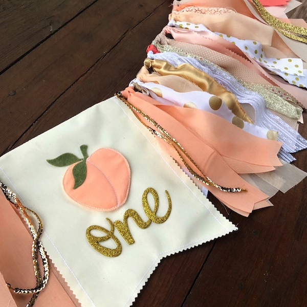 Sweet as a Peach Birthday Banner One Little Peach Highchair First Birthday Rag Garland Sweet Peach Birthday Bunting Cake Smash Photo Prop