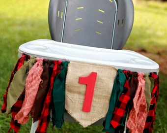 Lumberjack First Birthday Highchair Banner Fabric Rag Tie Bunting, Buffalo Plaid & Burlap Party Decor Photo Prop Cake Smash Woods Cabin Deco