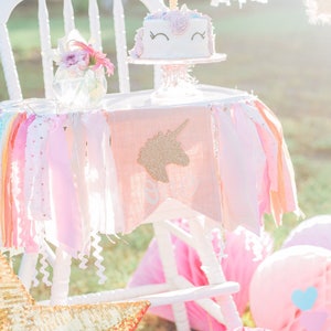 Pastel Rainbow Unicorn First Birthday Banner Unicorn Highchair Fabric Bunting Rag Tie Garland Gold Unicorn Cake Smash Photo Prop Backdrop
