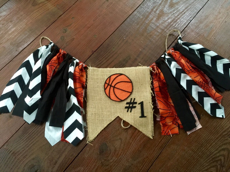 Basketball Birthday Banner, Basketball Highchair Bunting basketball Cake Smash Photo Prop Rag Tie Garland basketball Party CUSTOM COLORS image 5