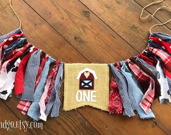 Farm First Birthday Banner Barn Birthday Vintage Cowboy Red White & Blue Bunting Rag Tie Banner Birthday Cake Smash Photo Prop Backdrop