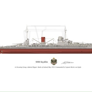 SMS Seydlitz Vintage deutsches Schlachtschiff Profil Kunstwerk, A4 Glanzdruck Jütlandschlacht 1916