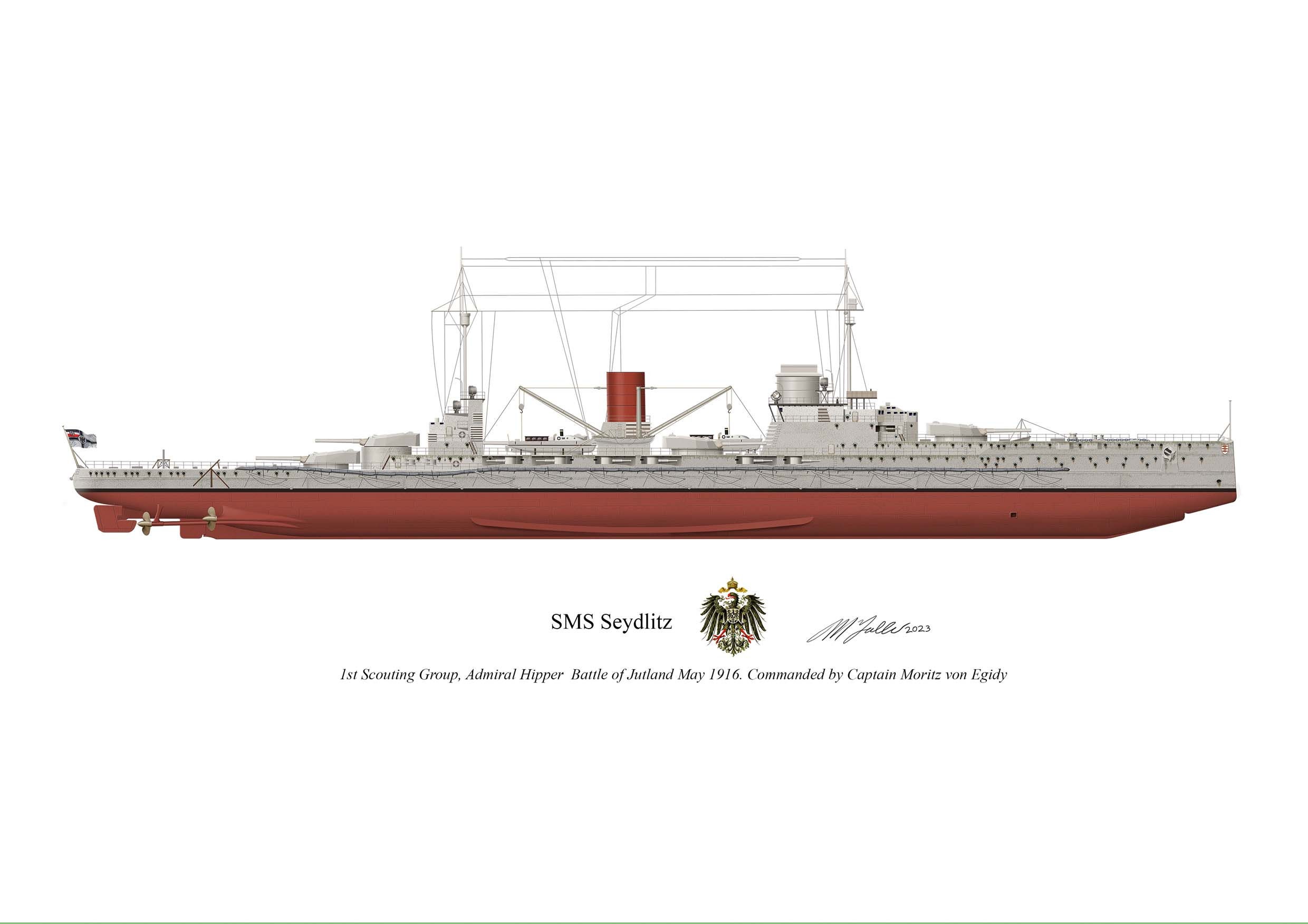 SMS Seydlitz ヴィンテージドイツ戦艦プロファイルアートワーク、A4