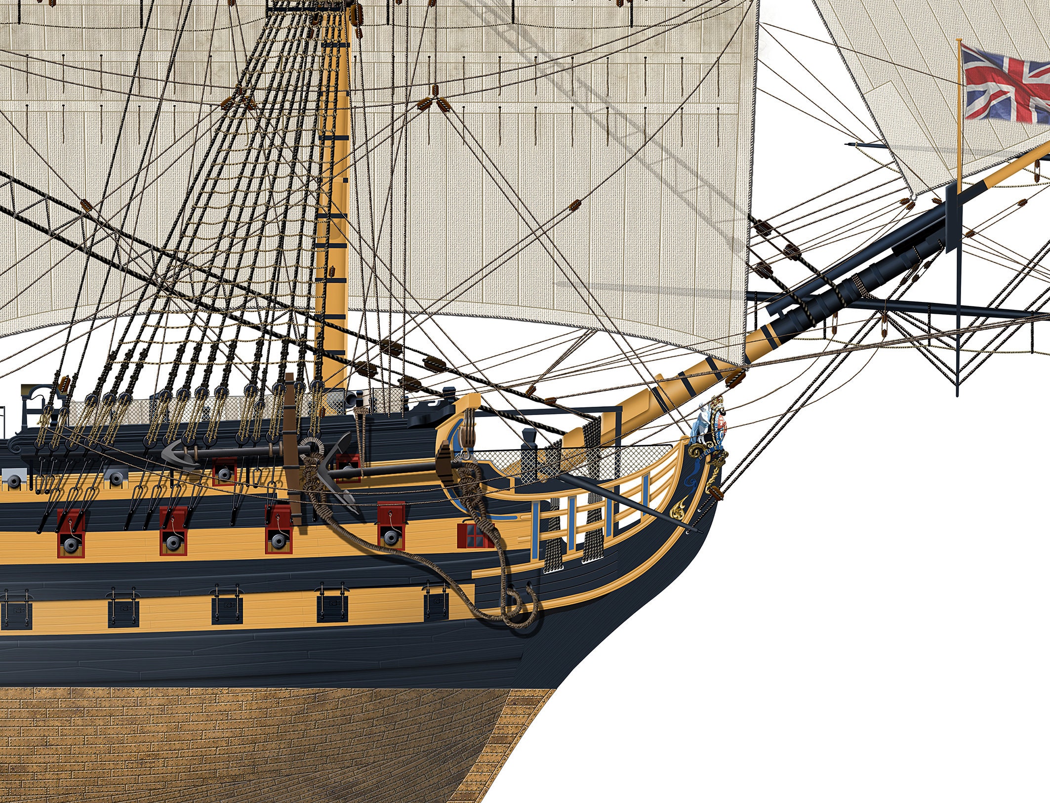 ヴィクトリー号(1765-1869英国ネルソン提督トラファルガー海戦旗艦)カラーリトグラフ HM.ムート作(1871-1931ドイツ) 取りに来ていただける方受け渡し日時自由 HMS ヴィクトリー号の版画：1805年 イングランドの期待、ネルソン提督