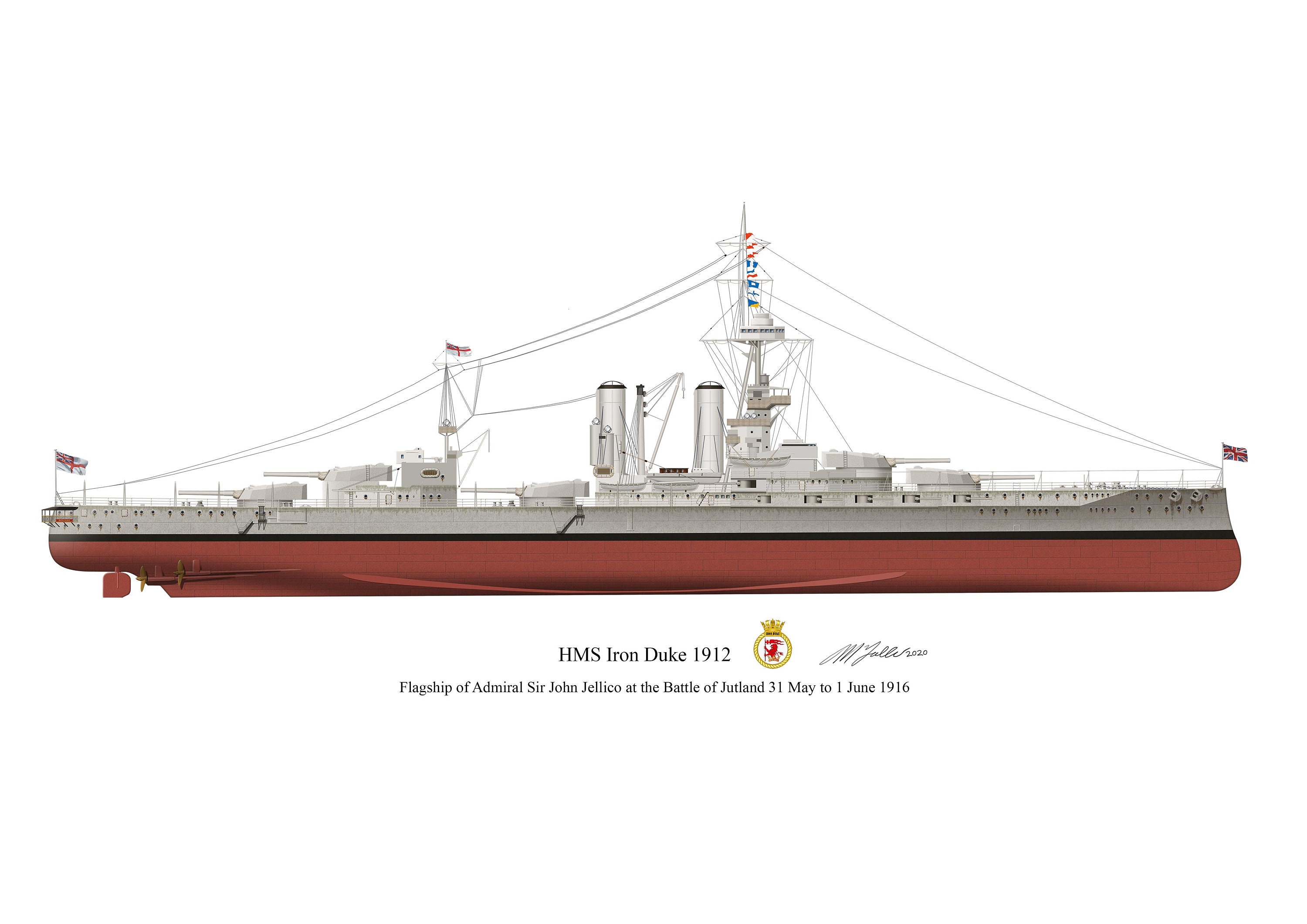 HMS Iron Duke 1912 Vintage Battleship Profile Artwork, A3