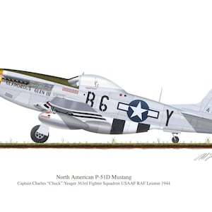 North American P-51D Mustang 1944 Chuck Yaeger Vintage Aircraft Profile Artwork, A3 Glossy Print of Second World US war airplane image 1