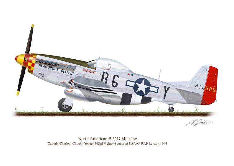 North American P-51D Mustang 1944 Chuck Yaeger Vintage Aircraft Profile Artwork, A3 Glossy Print of Second World US war airplane image 1