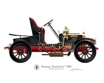 Darracq French Vintage Car 1904 Profile Artwork, A3 Glossy Print featured in film Genevieve