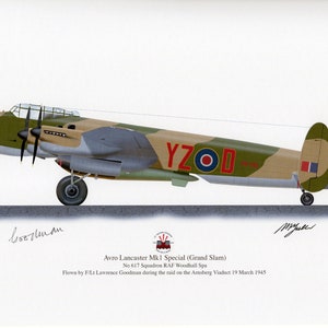 Impressão assinada à mão Avro Lancaster Mk1 Grand Slam &quot;Benny&quot; Goodman 617 esquadrão edição limitada 1945 Arte de perfil A4