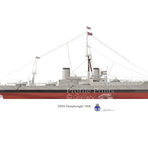 HMS Dreadnought 1906 Vintage Schlachtschiff Profil Kunstwerk, A4 Hochglanz Druck von Royal Navy British Kriegsschiff