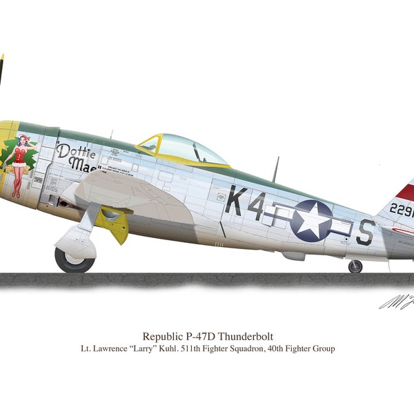 Republic P47-D Thunderbolt Larry Kuhl Dottie Mae Profile Artwork, A5 / A4 Glossy Print of Second World US