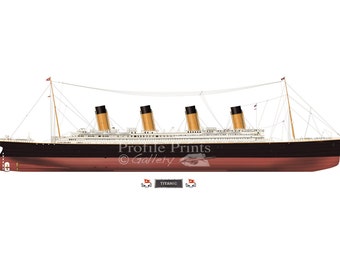 RMS Titanic 1912 Profile Artwork A3 Stampa lucida, nave passeggeri britannica firmata