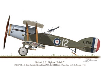 Bristol F2b Vintage Aircraft  Biplane Profile Artwork, A5 / A4 Glossy Print of First World War  British fighter airplane