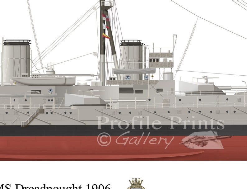 HMS Dreadnought 1906 Vintage Schlachtschiff Profil Kunstwerk, A4