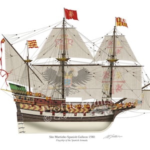 Spanish Galleon Sao Martinho 1580 Profile Artwork, A5 / A4 Glossy Print warship Spanish Armada