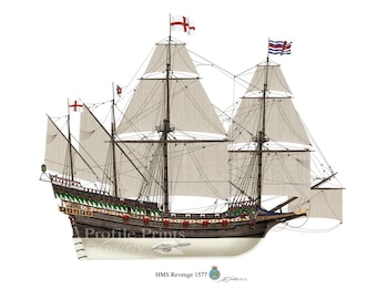 HMS リベンジ 1577 イギリスガレオン船 プロファイルアートワーク、A5