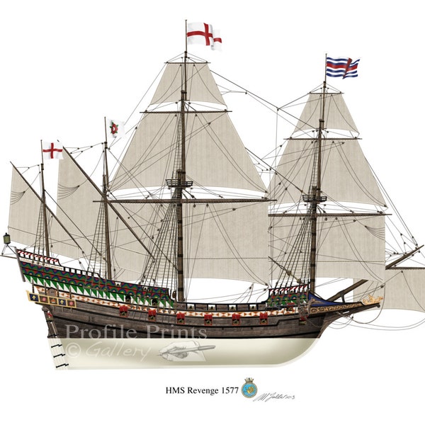 HMS Revenge 1577 English Galleon Profile Artwork, A5 / A4 Glossy Print navire de guerre Armada espagnole