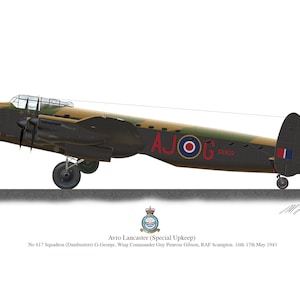 Avro Lancaster Dambusters Aircraft 1943 Guy Gibson 617 Squadron Visualização da arte do perfil 1, A4 /A5 Impressão brilhante da Segunda Guerra Mundial