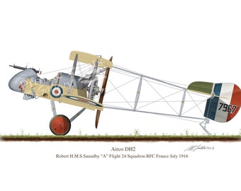 AIRCO DH2 1916 Vintage Aircraft  Profile Artwork, A3 Glossy Print of First World British war airplane Robert Saundby