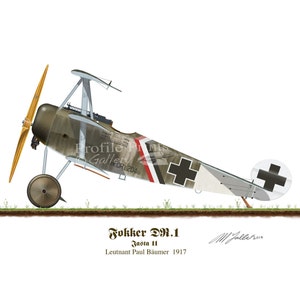 Może przedstawiać: Zielony, biały i czerwony samolot Fokker D.VII.1 z czarnym krzyżem na ogonie i skrzydłach. Samolot stoi na ziemi z nosem skierowanym w dół. Na samolocie widoczny jest tekst "Jasta 11" i "Leutnant Paul Bäumer 1917". Podpis artysty "M.Jaller 2019" znajduje się w prawym dolnym rogu.