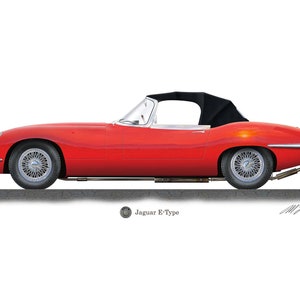 Peut inclure: Une Jaguar E-Type rouge roadster avec un toit convertible noir. La voiture est présentée en vue de profil, avec le côté conducteur face au spectateur. La voiture est sur une surface grise.