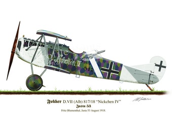 Fokker D.VII  Vintage Aircraft  Profile Artwork, A5 / A4 Glossy Print of First World WW1 German war airplane Fritz Blumenthal