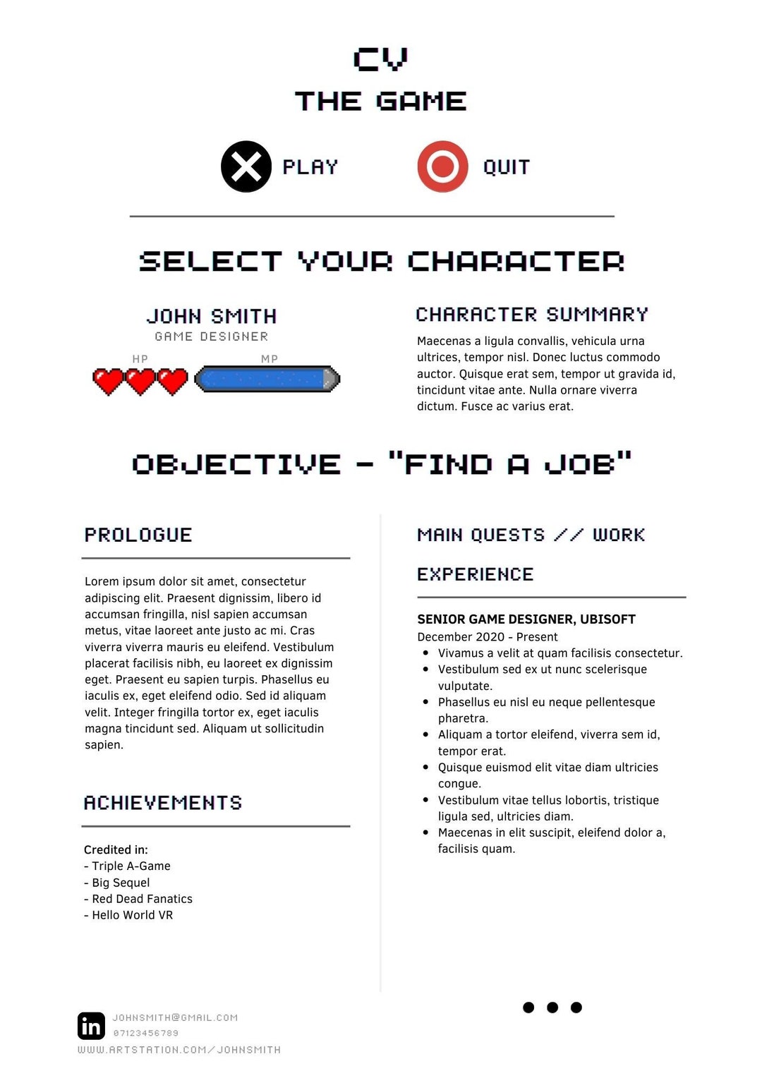 INTERACTIVE CV Game Designer/game Artist/creative Digital Etsy