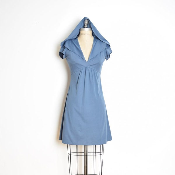 vintage 70s dress blue HOODED hood hippie boho mini short sun dress S clothing