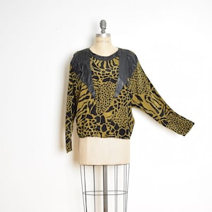 vintage 80s top olive silk black leather dolman blouse shirt animal print XL clothing