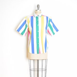 vintage 80s top button up shirt white colorful wide stripe print blouse L XL