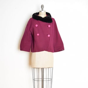 vintage 60s coat plum purple black genuine fur trim cropped mod heavy jacket L clothing