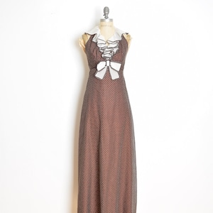 vintage 70s dress Miss Elliette polka dot ruffle long halter maxi prom XS brown clothing shawl set image 1