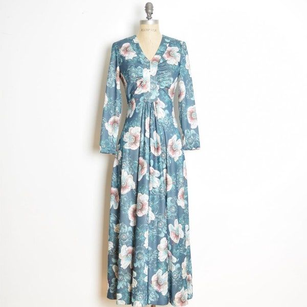 vintage 70s dress teal pastel floral print boho hippie long maxi dress S clothing