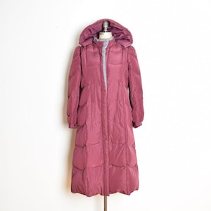 Vintage 80er Jahre Mantel Pflaume gefüllte Steppjacke Puffärmel Kapuze M Kleidung