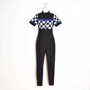 vintage y2k jumpsuit black checkerboard race print one piece outfit playsuit XS clothing