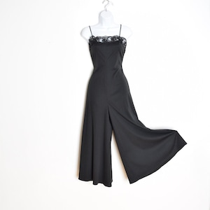 vintage 70s jumpsuit black wide leg palazzo lace one piece disco outfit romper S clothing image 1