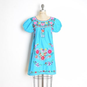 vintage 70s dress blue Mexican floral embroidered hippie boho mini cotton S clothing image 1